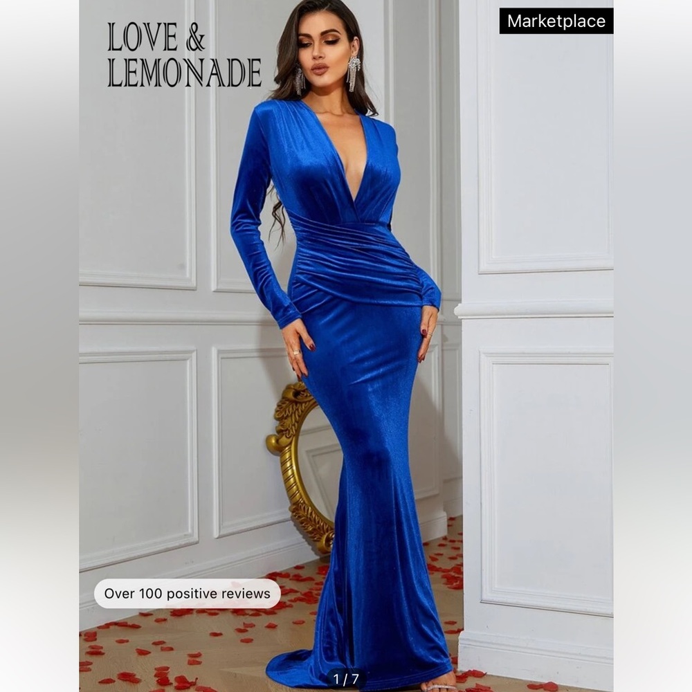 LOVE&LEMONADE Plunging Neck Ruched Velvet Maxi Mermaid Dress